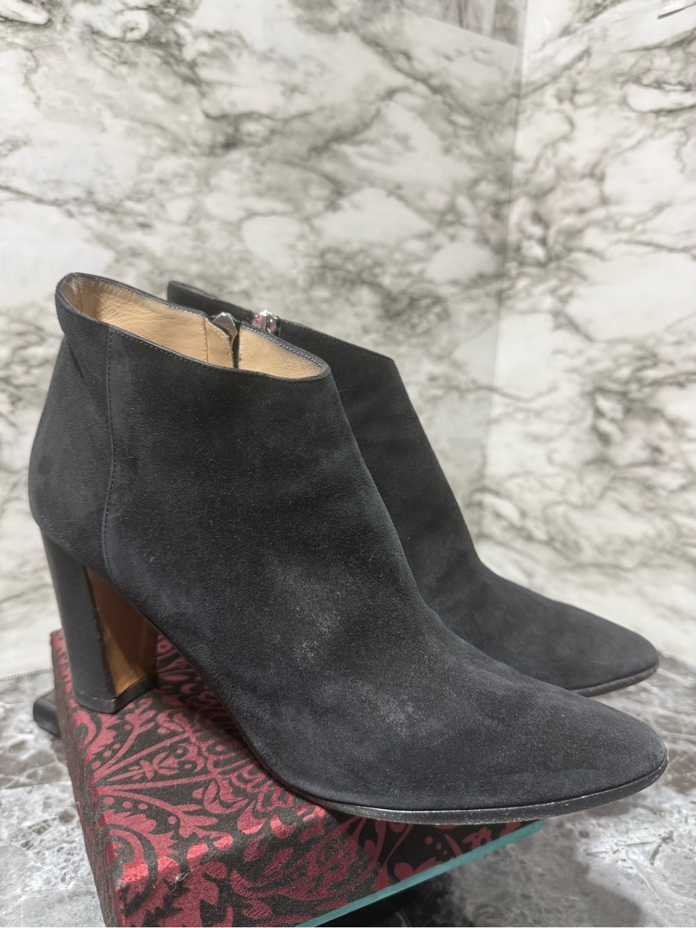 Manolo Blahnik Black Suede Ankle Booties with Block Heel
